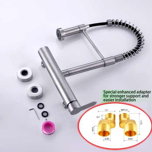 Wall Mount Faucet 8"" Center, High Arc Kitchen Sink Tap, Grifos De Cocina | 304 Stainless Steel Constructed, Pull Down Sprayer, Brushed Nickel, Rotatable, 3-Function Sprayer - color: Style B, Right Handle
