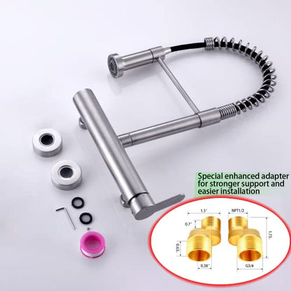 Wall Mount Faucet 8"" Center, High Arc Kitchen Sink Tap, Grifos De Cocina | 304 Stainless Steel Constructed, Pull Down Sprayer, Brushed Nickel, Rotatable, 3-Function Sprayer - color: Style B, Right Handle
