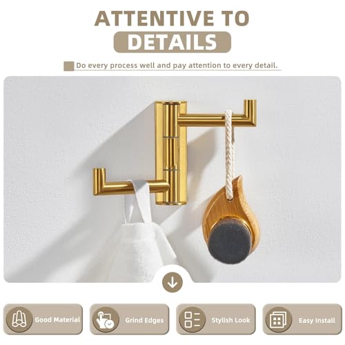 Suyar Brushed Gold Towel Hook, Bathroom Coat Robe Holder with 3 Swivel Arms | SUS304 Stainless Steel, Wall Mounted - color: Brushed Gold, size: 1 Pack