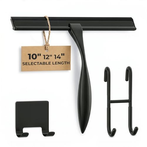 Black Squeegee for Shower Glass, 10" Silicone Blade, Stainless Steel | Shower Door Squeegee with Hook, Adhesive Mount; All-Purpose Bathroom Tile, Mirror, & Window Wiper for Streak-Free Cleaning - color: Black, size: 10 Inch