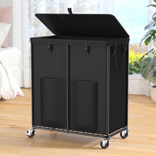 250L Laundry Hamper with Lid & Wheels, Rolling Laundry Basket with Bag | Sturdy Metal Frame | Laundry Bag with Handles| Large & Tall Clothes Hampers for Laundry Room, Bedroom, Dorm, Bathroom-Black - color: Black, size: 66GAL
