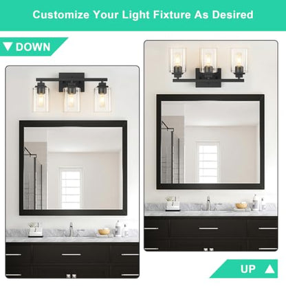 Matte Black Bathroom Vanity Light, 3-Light Modern Vanity Lighting Fixtures Over Mirror with Clear Glass Shade,Square Design,Wall Sconces for Living Room Cabinet Bedroom,E26 Socket - size: 3-Light