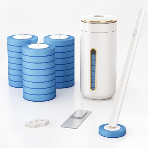 Disposable Toilet Brush with 32 Refill Heads and Holder- Clean Brush Starter Kit with 1 Toilet Wand, 1 Storage Caddy and 1 Fragrant Tablet (1 + 32) - color: White