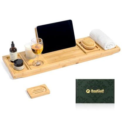 Bamboo Bathtub Tray, Natural Bath Caddy | Wine Glass Holder, Phone Book Rack, Hands Free Bath Reading, Premium Spa Bath Organizer - color: Modern Bamboo Finish