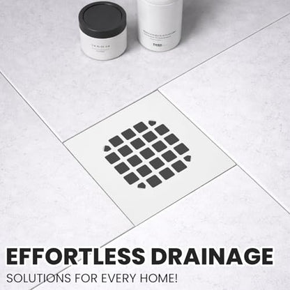 4-1/4” Square Snap-in White Shower Drain - Stainless Steel Replacement - 4.25 inch Durable Floor Cover -Snap-in - Easy Installation Universal Grate Strainer - color: White