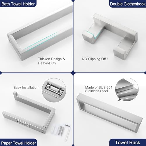 Lairuier Brushed Nickel Bathroom Hardware Accessories, 4PCS Towel Bar Set | Including Towel Bar,Towel Holder, Toilet Paper Holder, Towel Hook, SUS304 Stainless Steel Bathroom Towel Holder Hardware Set - color: Brushed Nickel, size: Set B