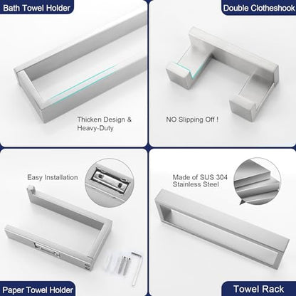 Lairuier Brushed Nickel Bathroom Hardware Accessories, 4PCS Towel Bar Set | Including Towel Bar,Towel Holder, Toilet Paper Holder, Towel Hook, SUS304 Stainless Steel Bathroom Towel Holder Hardware Set - color: Brushed Nickel, size: Set B