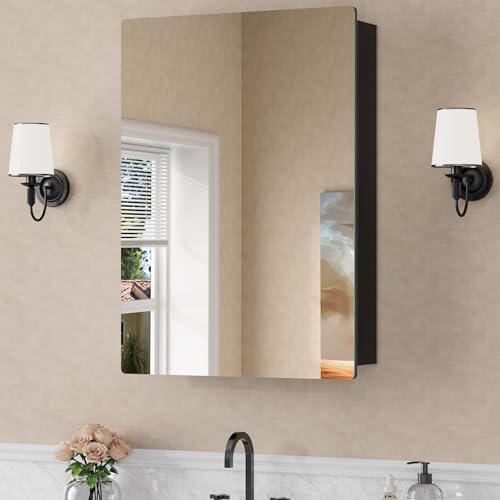 24 x 30 Recessed Medicine Cabinet with Mirror for Bathroom, Black | Wall Mounted Cabinet for Storage, Adjustable Glass Shelves, Soft-close DTC Hinges, HD Reflection, Pre-assembled, Aluminum - color: Black, size: 24x30