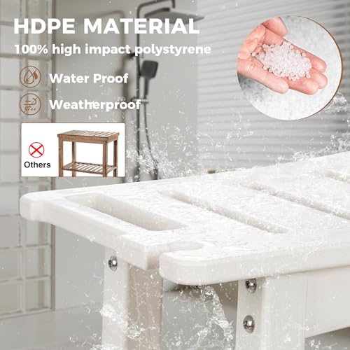 FLyjoe 24 INCH Extra Large Shower Bench for Inside Shower Shaving Legs, Waterproof HDPE Shower Chair Seat with Storage Shelf and Handles Spa Shower Stool for Bath Tub Bathroom Use, White - color: Large-white