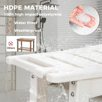 FLyjoe 24 INCH Extra Large Shower Bench for Inside Shower Shaving Legs, Waterproof HDPE Shower Chair Seat with Storage Shelf and Handles Spa Shower Stool for Bath Tub Bathroom Use, White - color: Large-white