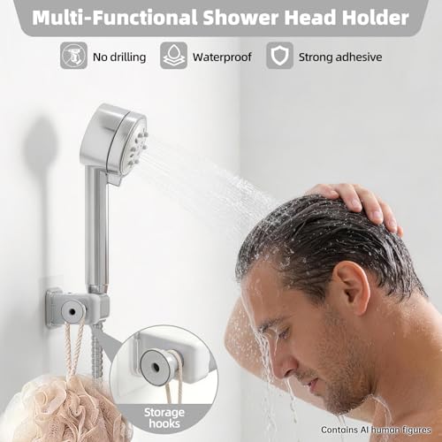 Adhesive Shower Head Holder for Bathroom, White | 180° Adjustable for Custom Angle, No-Drill Wall Mount, Fits Handheld & Standard Wands, for RV & Apartment