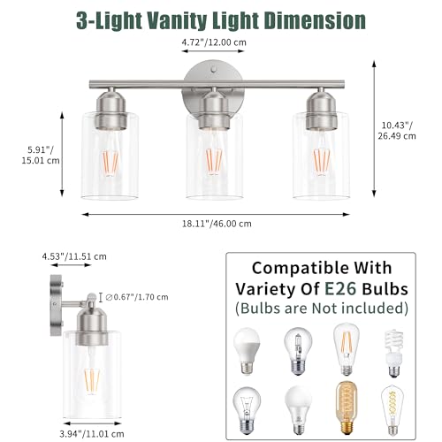 Bathroom Vanity Light Fixtures Brushed Nickel, 3 Lights Bathroom Over Mirror, UL Certified, Modern Wall Lighting Fixtures with Glass Shade, E26 Socket - color: Brushed Nickel, size: 3 Lights
