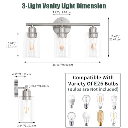 Bathroom Vanity Light Fixtures Brushed Nickel, 3 Lights Bathroom Over Mirror, UL Certified, Modern Wall Lighting Fixtures with Glass Shade, E26 Socket - color: Brushed Nickel, size: 3 Lights