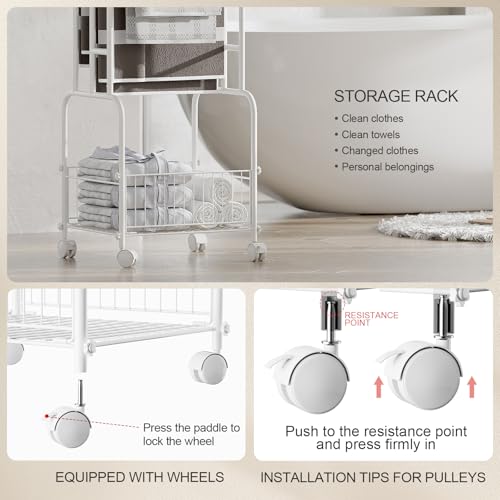 3 Tier FreeStanding Towel Rack with Wheels and Storage Basket | 42.5" H White Metal Towel Drying Rack Outdoor, Pool Towel Stand Display for bathrooms, laundry rooms and pool areas