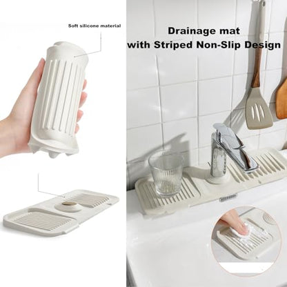 Kitchen Silicone Sink Splash Guard, 5° Slope Type Design Sink Mat,Sink Faucet Handle Drip Catcher Tray Mat Protectors,Sponge Holder and Bathroom Countertop Protect(include 1pcs extra storage mat)
