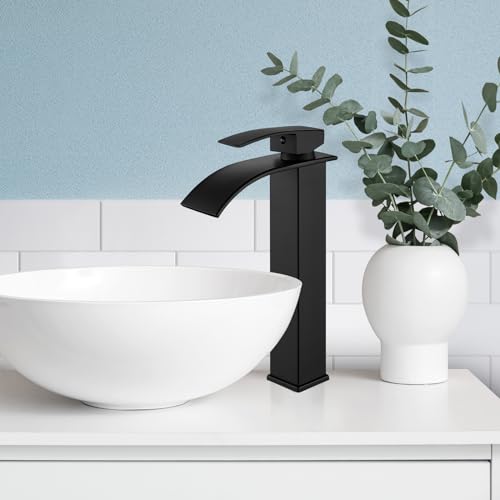 gotonovo Waterfall Tall Bathroom Faucet 1 Hole No Drain, Matte Black | Modern Vessel Sink Faucet Single Handle 304 Stainless Steel,24” cUPC Supply Hoses,for Bowl Basin Lavatory Vanity Restroom RV - color: Black