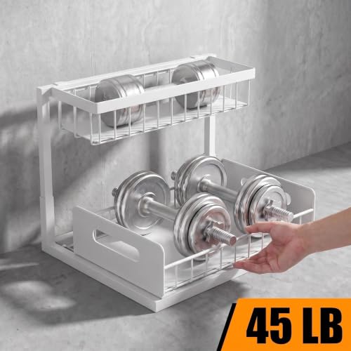 L-Shaped Under Sink Organizer, White | 2-Tier, Slide Out Cabinet Storage, Solid Metal Handles - color: White