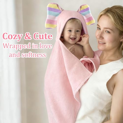 VOOVA & MOVAS Pink Infant Bath Towels, Organic 100% Cotton,33"X31.5" - color: Pink Elephant, size: 33 x 31.5 inches