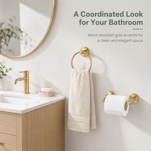Gold Toilet Paper Holder Towel Ring, Brushed Gold Bathroom Accessories Hand Towel Holder Wall Mount Bath Hardware Set Tissue Roll Holder with Double Post SUS304 Stainless Steel 2pc