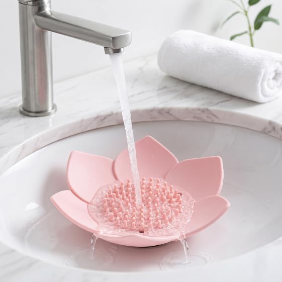 3Pcs Lotus Silicone Soap Holder, Self Draining Flower Soap Dish Tray, Easy Dry Soap Saver for Shower Bathtub, Spa Relaxation (Blue&Pink&Green) - color: Blue&pink&green