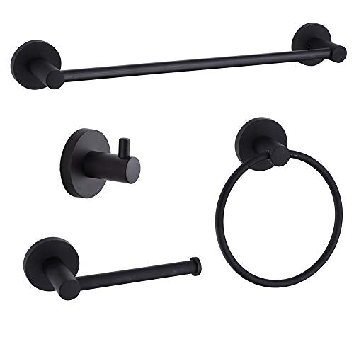 4-Piece Bathroom Hardware Set Black Wall Mounted, Robe Hook, Wall Toilet Paper Holder, Towel Ring, Adjustable Towel Bar(18’’-24’’),Bathroom Accessories Black Painted - size: 4 PCS