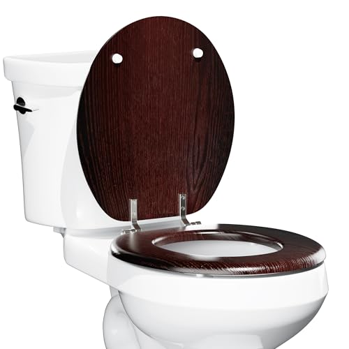 Round Wood Toilet Seat Support 400 lbs, Heavy Duty Wooden Toilet Seat with Natural Wood Veneer for Bathroom, Dark Walnut Toilet Lid with Chrome Hinges, Grip-Tight Bumpers, Easy Clean, Easy Install
