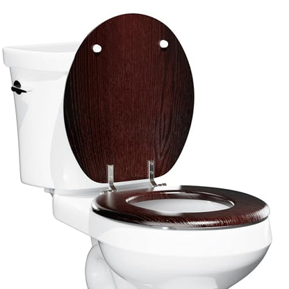 Round Wood Toilet Seat Support 400 lbs, Heavy Duty Wooden Toilet Seat with Natural Wood Veneer for Bathroom, Dark Walnut Toilet Lid with Chrome Hinges, Grip-Tight Bumpers, Easy Clean, Easy Install