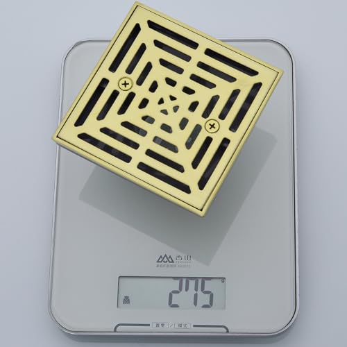 RANDOM Brushed Gold Shower Drain 4 inch Square Shower Drain with Adjustable PVC Base Flange,SUS304 Stainless Steel Shower Floor Drain with Removable Cover Grid Grate - color: B-brushed Gold-4″ Square With Base Flange