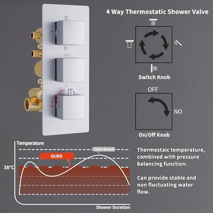 Thermostatic Full Body Shower System with Ceiling 12 inch Rainfall Shower and 8 inch Shower Head, Brushed Nickel Shower Faucet Set with Handheld Sprayer and 4 PCS Body Jet - color: Brushed Nickel, size: 12+8" Ceiling Shower