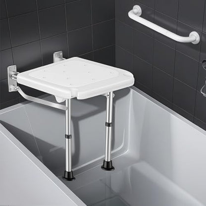 Wall Mounted Folding Shower Seat | Height-Adjustable, 400lbs Heavy Duty Support, Foldable, For Elderly, Adults, Pregnant Women & Disabled