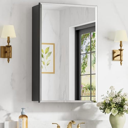 16x24 Inch Medicine Cabinet with Mirror, Aluminum Medicine Cabinet, Black | Tempered Beveled Edge Mirror Single Door, Adjustable Glass Shelves, Surface or Recessed Mount Bathroom Mirrors with Storage - size: 16 in. x 24 in.