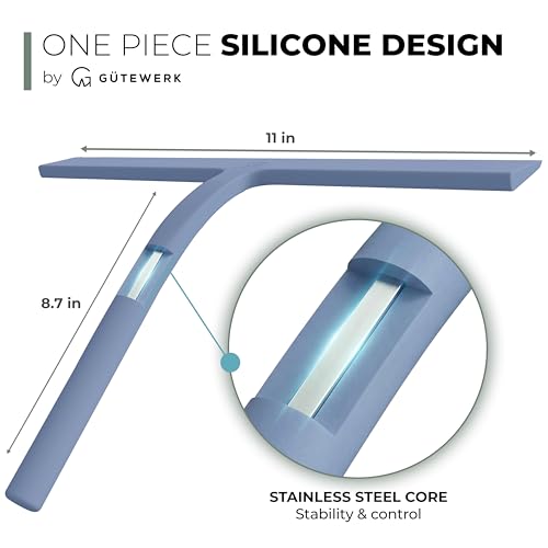 Silicone Shower Squeegee for Glass Doors & Mirrors with Stainless Steel Core, Streak-Free & No-Squeak Window Cleaning, 3-in-1 No-Drill Mount (Hook/Suction/Adhesive),Blue, 11 Inches | Streak-Free & No-Squeak Window Cleaning, Stainless Steel Core, Hook/Suct