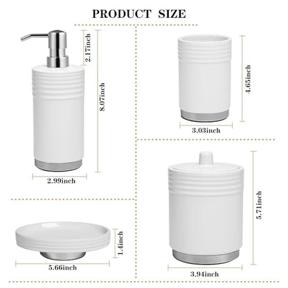 RQYIXI Bathroom Accessories Set 4 Pieces Ceramic Bathroom Accessory with Metal Base Set Contain Soap Dispenser Cotton Swab Jar Toothbrush Cup Soap Dish - color: White Metal Base