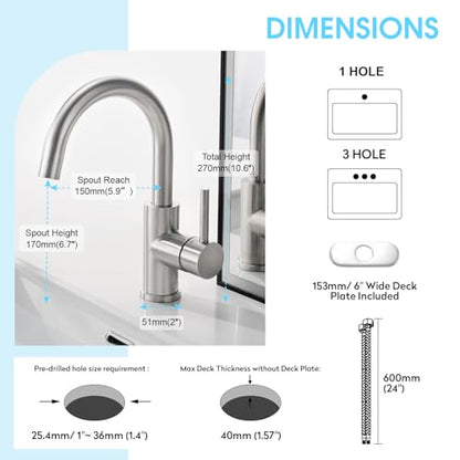 CREA Bar Sink Faucet, Bathroom Kitchen Faucet Brushed Nickel Pre Wet Small Mini Kitchen Bath Utility Marine Faucet Single Hole Stainless Steel Farmhouse Vanity Lavatory Faucets Outdoor - color: Brushed Nickel