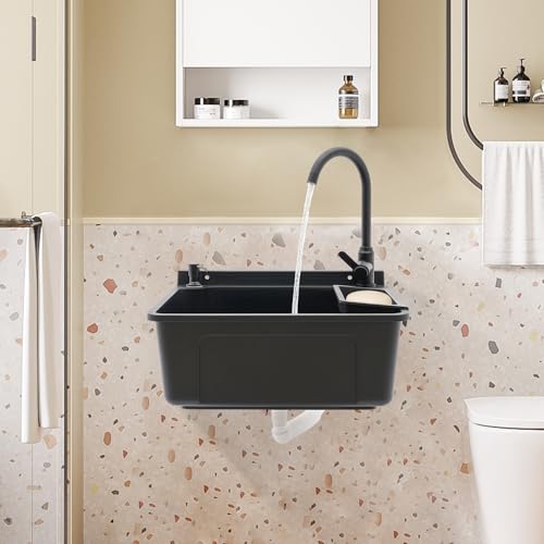 Wall-Mounted Utility Sink Tub Kit with Aluminum Alloy Faucet and Soap Box,Black Anti-clogging Laundry Sink for Bathrooms, Sundry Rooms, Garages(20.08 * 17.52 * 9.45in) - color: Black