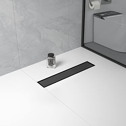 Linear Shower Drain, 304 Stainless Steel Floor Drain 18" | with Tiled Insert Grate & Hair Strainer, Bathroom 2-in-1 Tiled in Drain, CUPC Certified - color: Matte Black, size: 18''