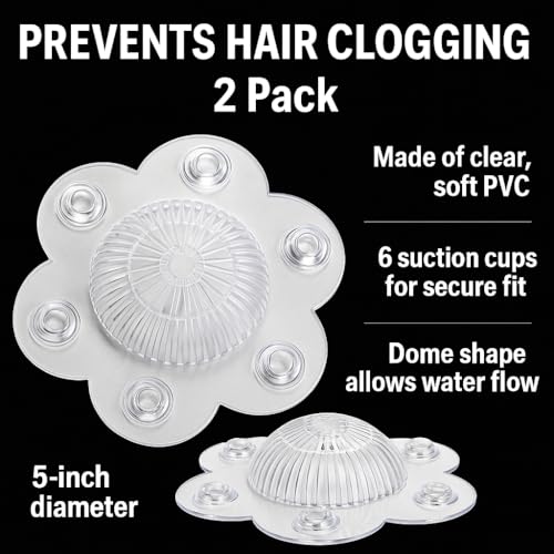 2-Pack Hair Catcher Drain Cover – 5" Dome-Shaped Soft PVC with 6 Suction Cups – Clear Hair Stopper for Shower & Bathtub Drains – Prevents Clogs Without Blocking Water Flow