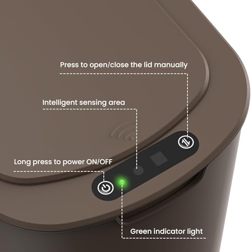 Cesun Automatic Motion Sensor Bathroom Trash Can with Lid, 2.6 Gallon Touchless Trash Bin, Smart Plastic Slim Garbage Can Small Brown Wastebasket for Toilet, Office, rv, Bedroom, Living Room | Motion Sensor, Plastic, Touchless, Odor Control, Smart Garbage