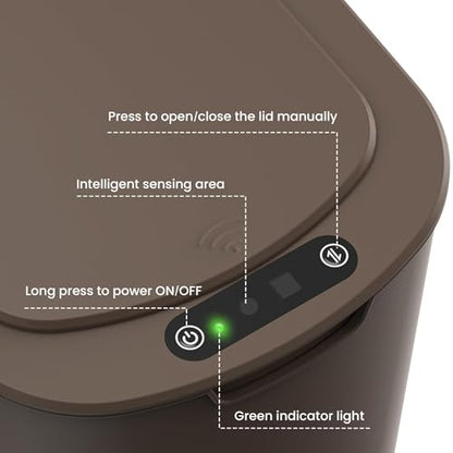 Cesun Automatic Motion Sensor Bathroom Trash Can with Lid, 2.6 Gallon Touchless Trash Bin, Smart Plastic Slim Garbage Can Small Brown Wastebasket for Toilet, Office, rv, Bedroom, Living Room | Motion Sensor, Plastic, Touchless, Odor Control, Smart Garbage