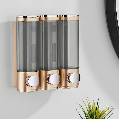 Pollock Shampoo and Conditioner Dispenser 3 Chamber No Drill | Shower Soap Pump Dispenser Wall Mounted,Body Wash Dispenser,Shower Gel Shampoo Holder for Bathroom Accessories, (Gold 3) - color: Gold 3