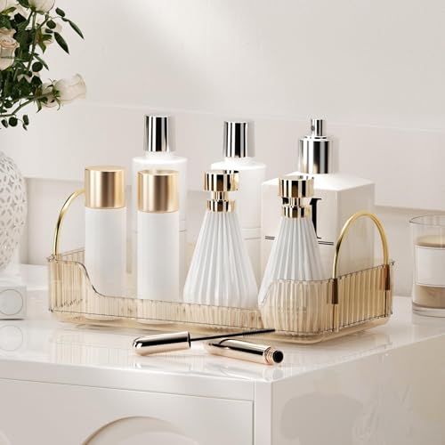 YCIA&DONE Bathroom Organizer Countertop, Makeup Storage, Skincare Cosmetic Tray Shelf, Perfume Holder Rack for Vanity Counter, Large Capacity, Easy to Install, Clean, 1 Tier, Amber Gold - color: Amber Gold, size: 1-Tier