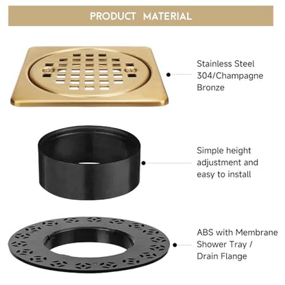 4" Shower Drain Grate Kit, Fits Schluter Kerdi | Champagne Bronze, Square Floor Drain SS304 Stainless Steel Removable Drain Cover with Adjustable Collar, ABS Flange