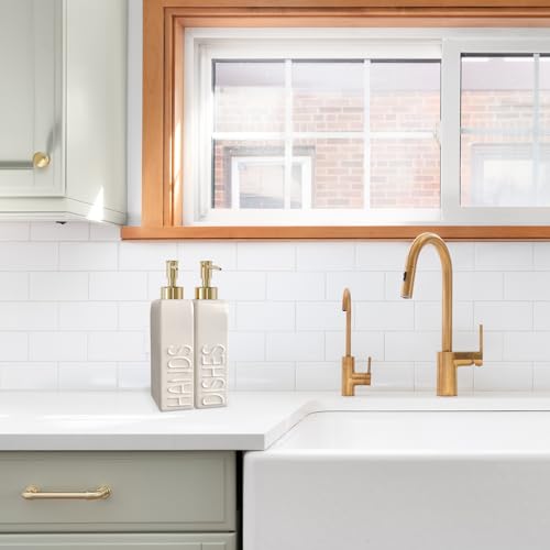 Soap Dispenser Set with Gold Stainless Steel Pump and a Funnel, 2 Pack Modern Ceramic Refillable Hand and Dish Soap Dispenser for Kitchen, Bathroom, Matte White - color: White & Gold