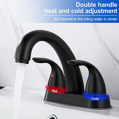 J-HVA 2 Handle 4 Inch Bathroom Sink Faucet with Pop up Drain, Matte Black | 4 Inch Centerset Faucet for Lavatory Bathroom Sink, Professional Modern Vessel Deck Mount Vanity rv Faucet with Supply Lines - color: Matte Black