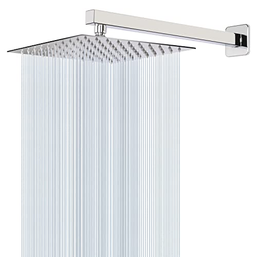 Shower Head with Extension Arm, High Pressure Square with ShowerArm, Stainless Steel Rainfall -Waterfall Full Body Coverage (10'' Shower with 16'' Arm, Chrome) - color: Chrome, size: 10'' Shower with 16'' Arm
