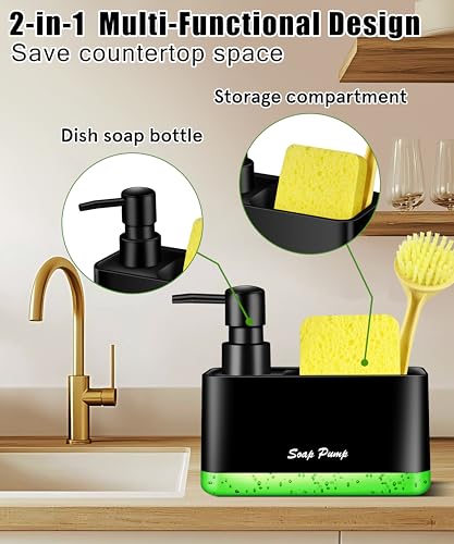Dish Soap Dispenser with Sponge Holder, 2-in-1 Countertop Small Soap Dispenser for Kitchen and Bathroom, Multi-Scene for Dish Soap, Hand Soap, Lotion, Body Wash (Black) - color: Black