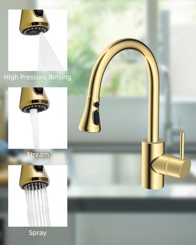 Hibbent Pull Down Spray Head for Kitchen Faucet, NSF/ANSI/CAN 61 & CUPC Certified 3-Function Spray Nozzle, 14 Adapters, Sink Faucet Head Replacement Compatible with Moen, Delta, Kohler, Polished Brass - color: Polished Brass, style: 1.8 Gallon Per Minute