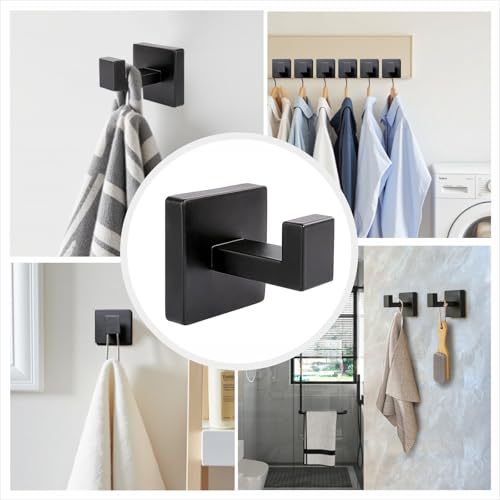 Matte Black Towel Hooks, SUS 304 Stainless Steel Robe Hooks, 2 Pack | Wall mounted bathroom hooks with matte black finish for towels, robes, coats and clothes; ideal for kitchen and bedroom