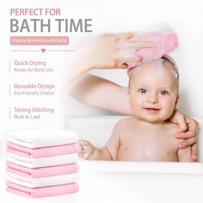 Baby Washcloths 10 Pack Rayon from Bamboo Ultra Soft Absorbent Terry Wash Cloth 10" x 10" Bath Towels for Face Burp Wipes Reusable Lightweight Newborn Essentials Shower Gift Set - color: Pink