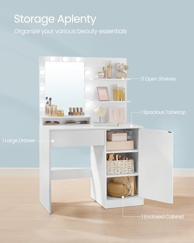 VASAGLE KAILYN Collection - Vanity Desk with Mirror and Lights, 35.4-Inch Wide Makeup Vanity with Stool, Power Outlets, LED Lights, Storage Drawer, for Bedroom, Modern, Cloud White URDT128WB01S - style: 35.4"W 1 Drawer 1 Cabine Vanity Desk - Cloud White